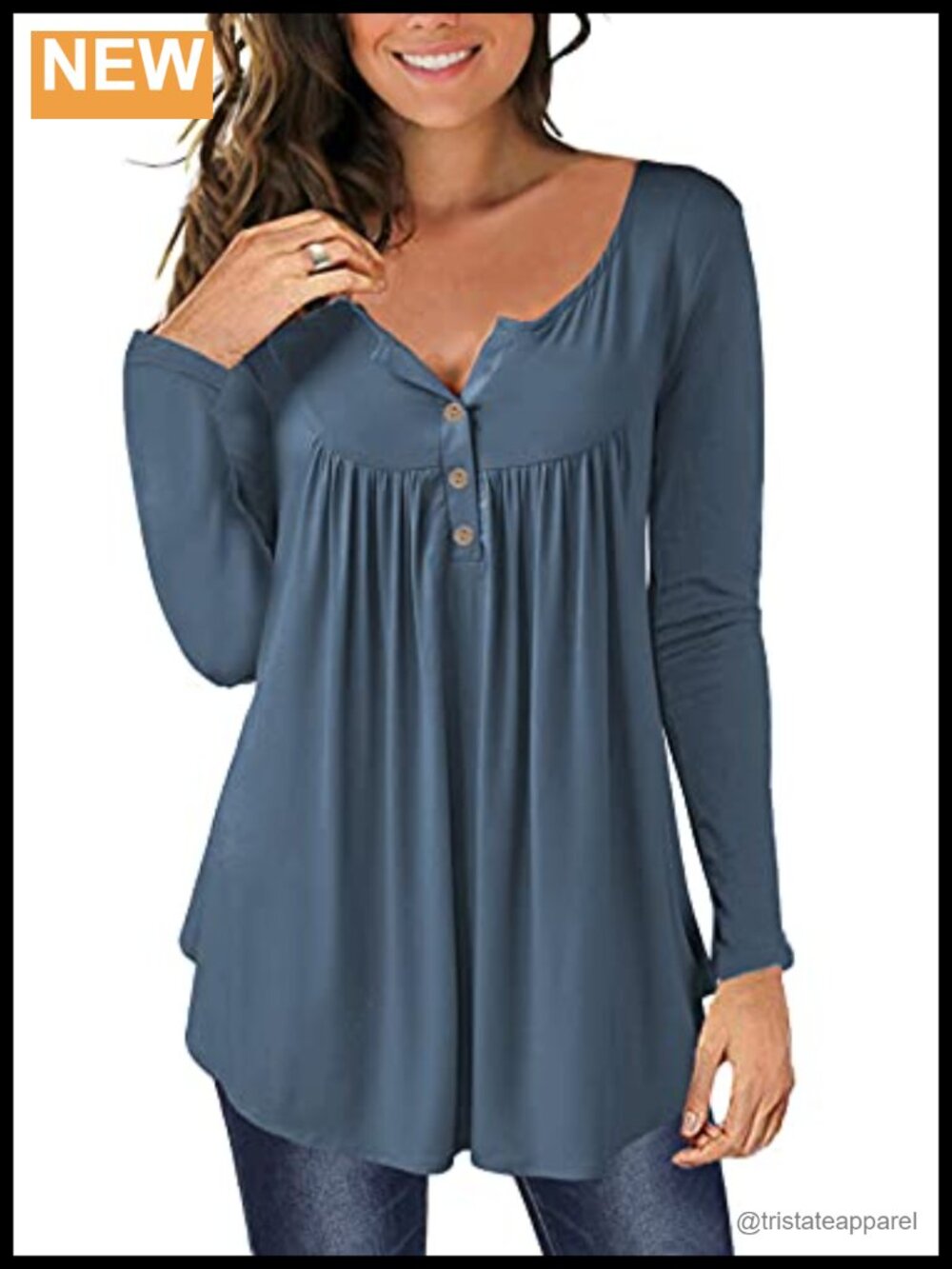 Women Floral Tunic Top V-Neck Button Long Sleeve Henley Blouse